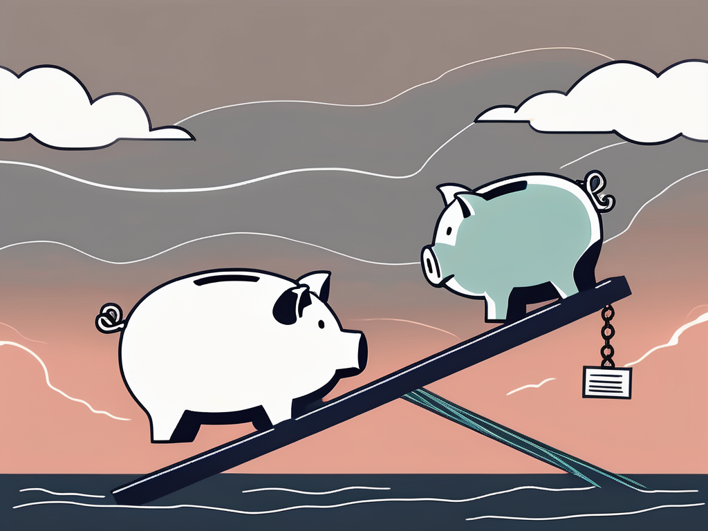 A piggy bank on one side of a seesaw