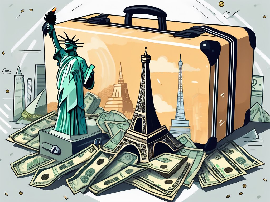 A suitcase overflowing with various world landmarks like the eiffel tower
