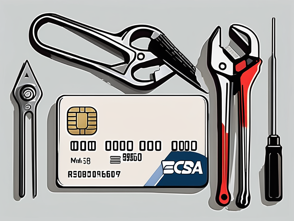A broken credit card being mended with tools like a wrench and a screwdriver