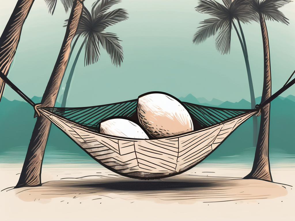 A nest egg sitting comfortably on a hammock between two palm trees