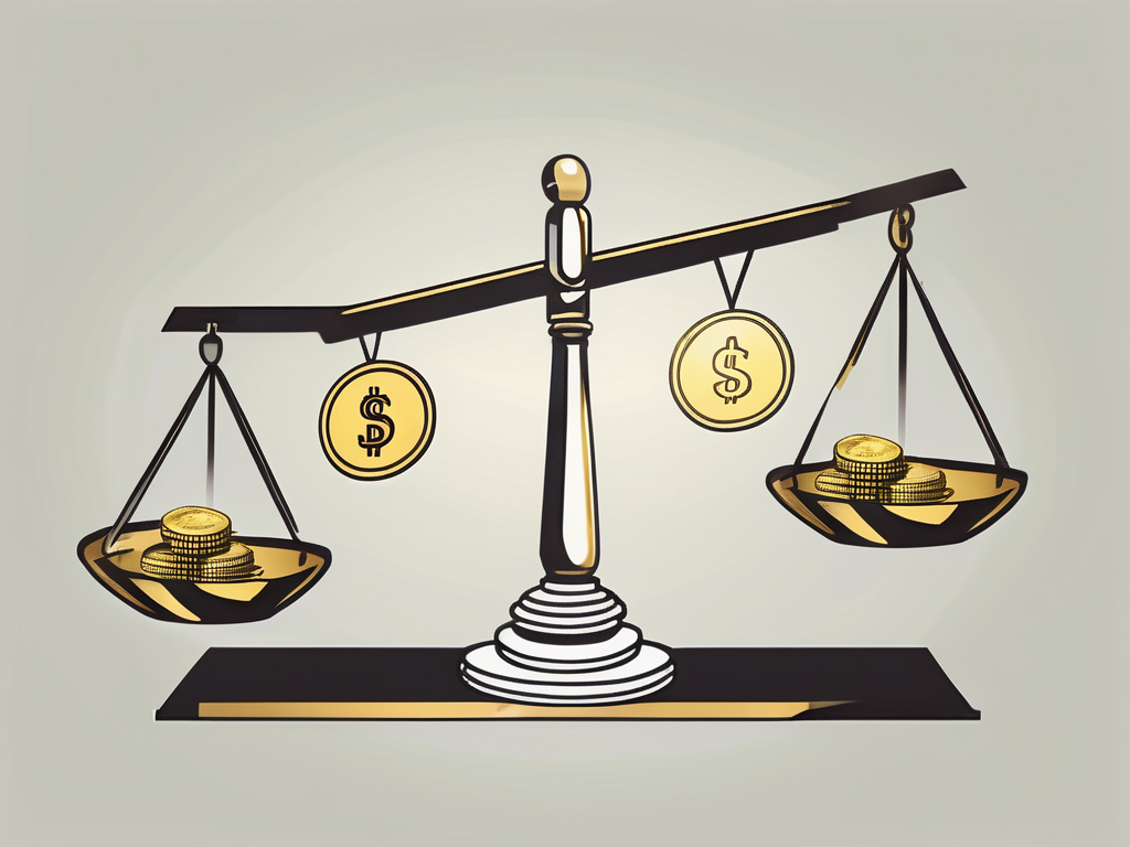 A scale balancing a dollar bill on one side and a collection of various valuable assets like gold