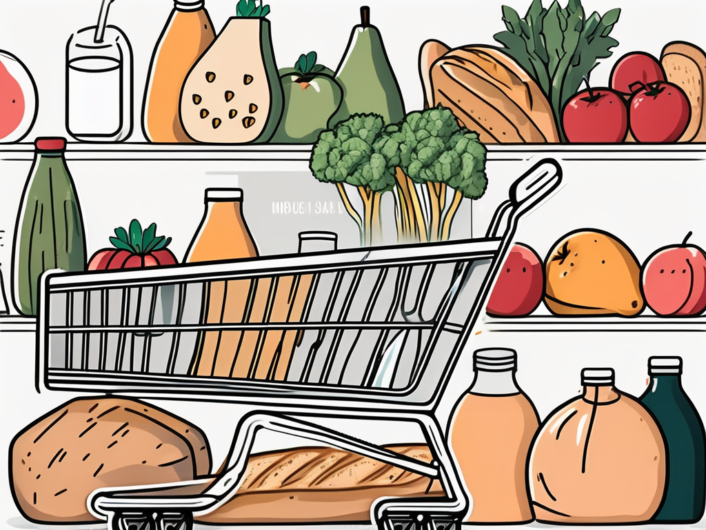 A shopping cart filled with various everyday items like fruits