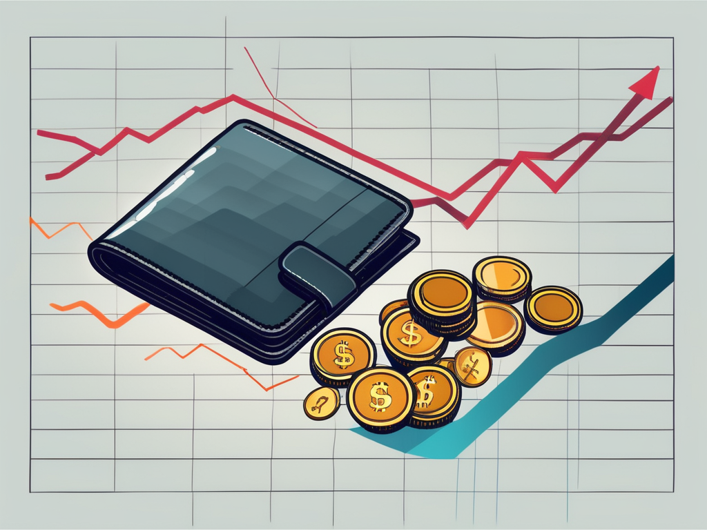 A wallet on one side with coins flowing into it from a graph chart that is showing an upward trend on the other side