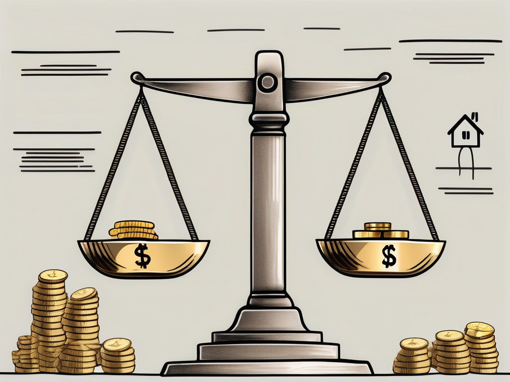 A balance scale with symbols of assets (like a house