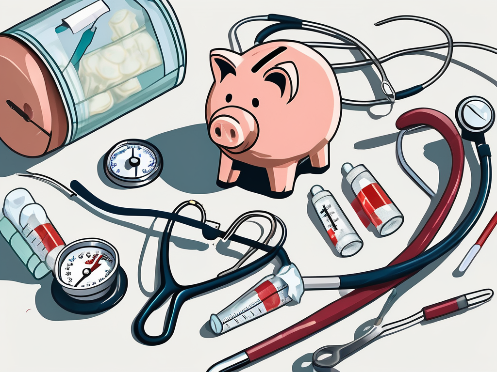 A broken piggy bank with medical tools like a stethoscope