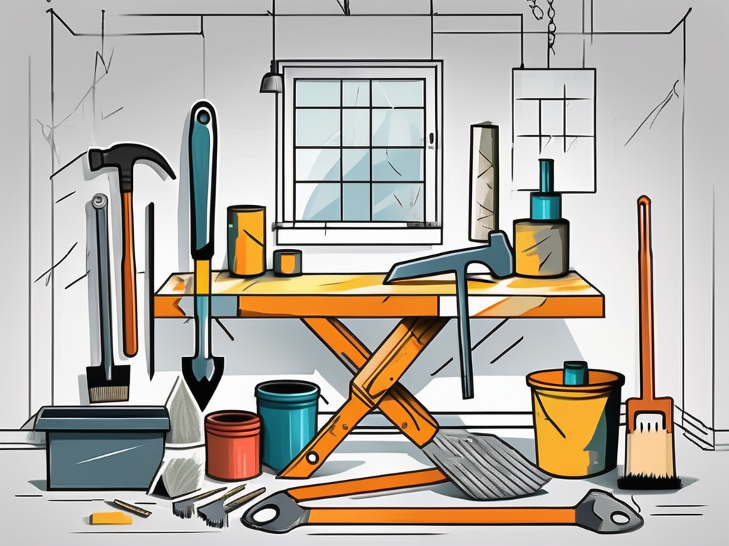 A home under renovation with various tools like a hammer