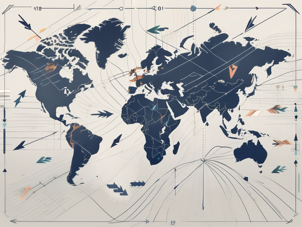 A world map with different currencies symbolically floating over various countries