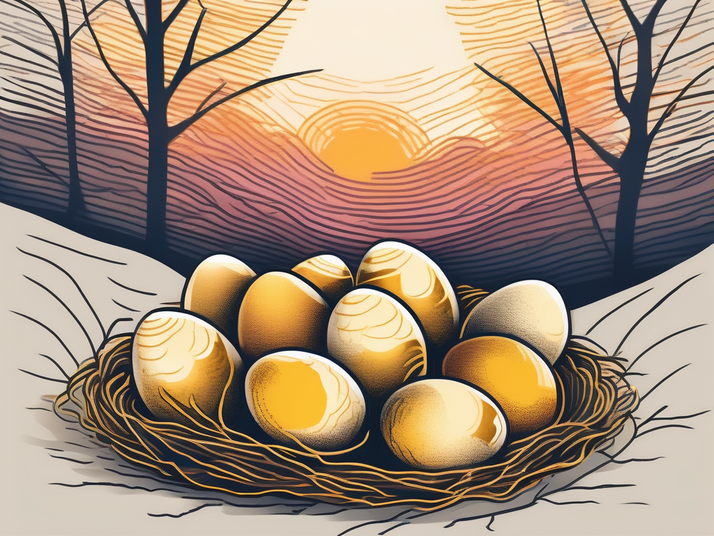 A vibrant sunrise over a nest filled with golden eggs