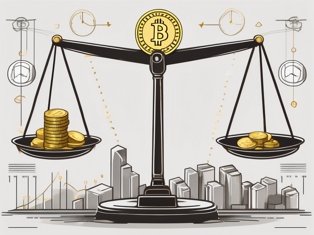 A balance scale with various investment symbols like stocks