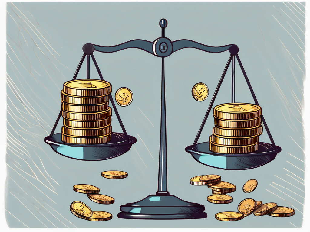 A pair of scales imbalanced with stacks of coins on each side