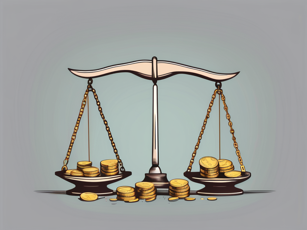 A balance scale with stacks of coins on one side and a broken chain on the other